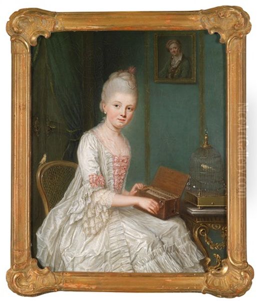 Portrat Einer Eleganten Jungen Dame Mit Einer Serinette (vogelorgel) Und Einem Zeisig Im Vogelbauer, Moglicherweise Ein Bildnis Der Josepha Seyfert, Grafin Heydeck (1748-1771) Und Des Kurfursten Karl Theodor Von Der Pfalz - view 1