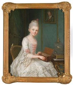 Portrat Einer Eleganten Jungen Dame Mit Einer Serinette (vogelorgel) Und Einem Zeisig Im Vogelbauer, Moglicherweise Ein Bildnis Der Josepha Seyfert, Grafin Heydeck (1748-1771) Und Des Kurfursten Karl Theodor Von Der Pfalz