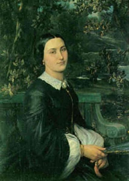 Portraet Af En Dame Siddende I En Have Med En Vifte I Handen - view 1