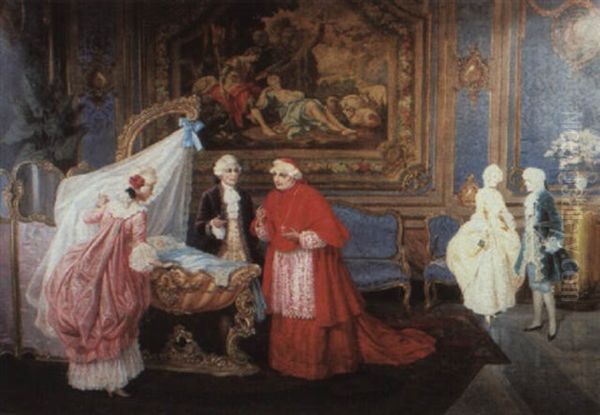 Interior Scene With A Cardinal At A Bassinet With A Baby And Its Parents - view 1