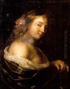 A Young Woman In A White Chemise And Dark Blue Shawl With Flowers In Her Hair