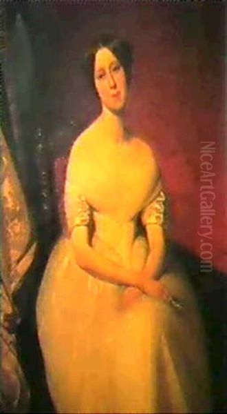 Jeune Femme Tenant Un Face A Main Portrait D'homme Debout En Habit Noir - view 1