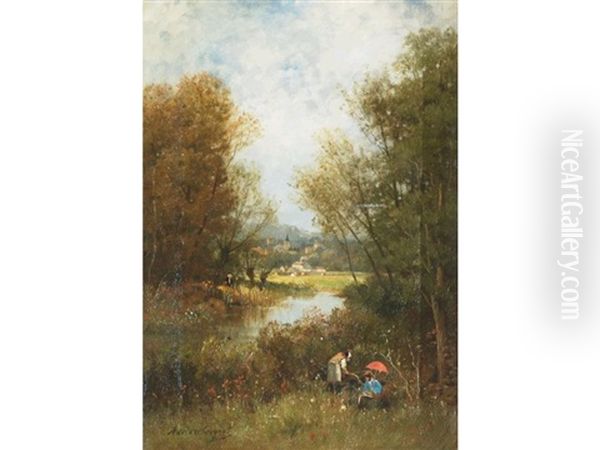 Tranquil Riverscape With Figures On The Banks And A Town In The Distance - view 1