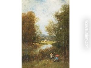Tranquil Riverscape With Figures On The Banks And A Town In The Distance by Jean Adrien Guignet