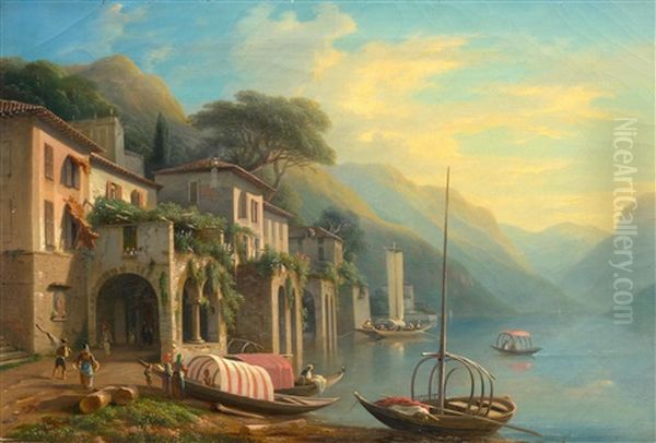 Lake Landscape In Northern Italy, With Houses And Boats - view 1