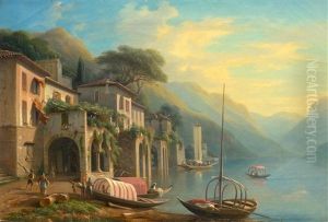 Lake Landscape In Northern Italy, With Houses And Boats by Charles Louis Guigon