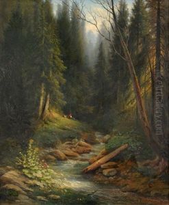 Ziegenhirtin In Einer Waldlichtung Mit Bach