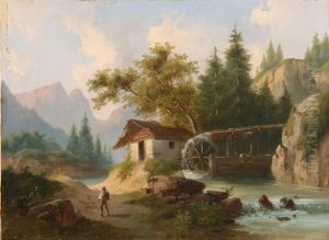 Wanderer Vor Wassermuhle Am Gebirgsbach