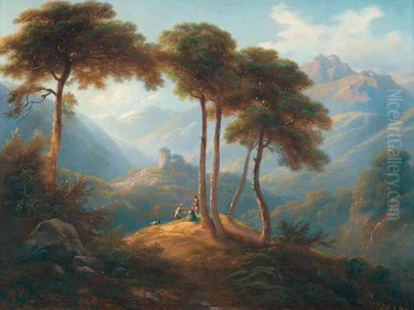 Hugelige Landschaft Im Abendrot Mit Staffage - view 1