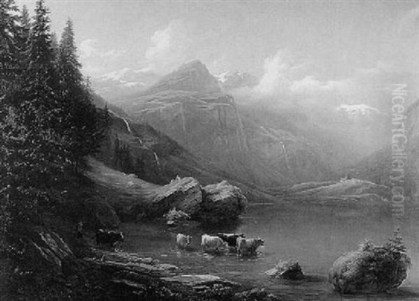Gebirgslandschaft Mit Kuhen An Einem See - view 1