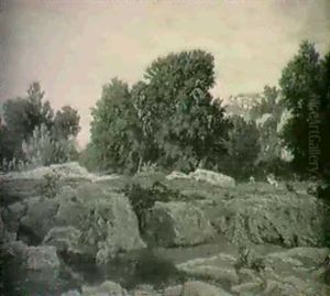 Sommarlandskap Med Figurer Vid Vattendrag by Paul Camille Guigou