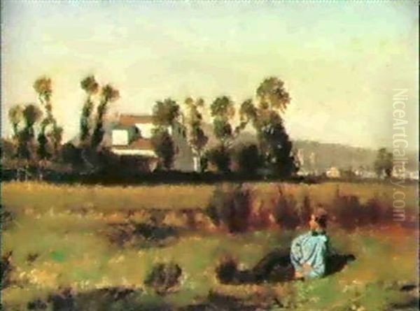A Young Man Reclining In A Field By A Village - view 1