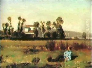 A Young Man Reclining In A Field By A Village