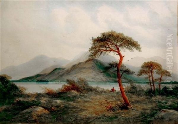 Scottish Lochscene With Fisherman And Wind Blown Pine - view 1