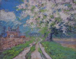 Country Home With Flowering Apple Tree by George Herbert Baker