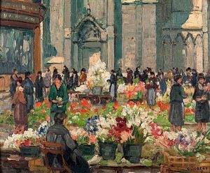 Le Marche Aux Fleurs Sur La Place De Rouen by Narcisse Guilbert