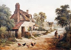 Country Lane With Figures And Cottages, Signed Lower Left, On Canvas