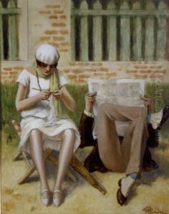 Femme A Son Tricot Et Homme A Son Journal by Albert Guillaume