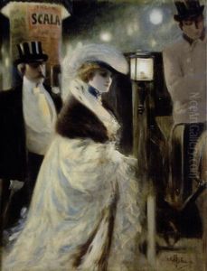 Couple D'elegants Se Rendant A La Scala by Albert Guillaume