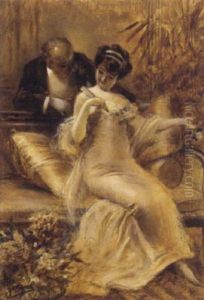 Elegante Sur Un Canape Conversant Dans Un Interieur by Albert Guillaume