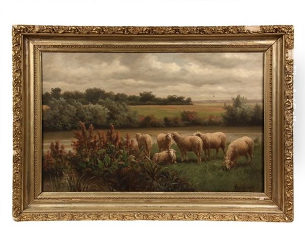 Pastoral Scene With Flock Of Sheep, Signed Lower Right, In Original Gold - view 1