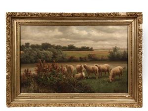 Pastoral Scene With Flock Of Sheep, Signed Lower Right, In Original Gold by Louis Constant Guillaume