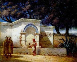 Femme A La Fontaine Et Deux Passants