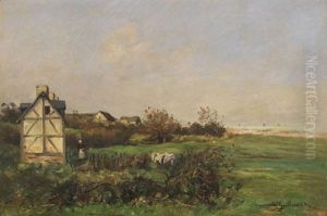 Landschaft Mit Fachwerkhaus Und Bauerin Landschaft Mit Fachwerkhaus Und Bauerin