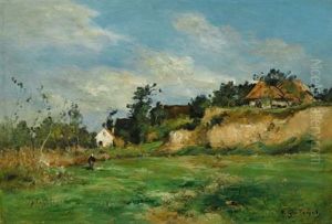 Landschaft Mit Einem Dorf Im Hintergrund Landschaft Mit Einem Dorf Im Hintergrund