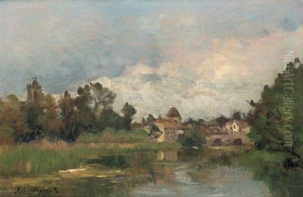 Fluslandschaft Mit Einem Dorf In Der Ferne - view 1