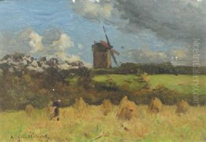 A Peasant Working In The Field, A Windmill Beyond A Peasant Working In The Field, A Windmill Beyond