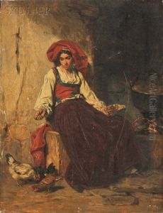 Peasant Woman Feeding Chickens