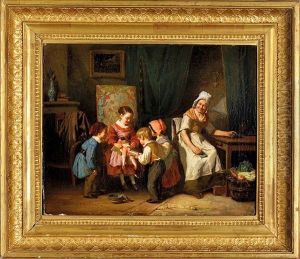 Enfant Soignant Une Poupee Avec Un Clystere Sous L'oeil Amuse De La Nourrice