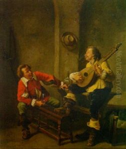 Zwei Landsknechte Des 17. Jahrhunderts Bei Mandolinspiel Und Wein In Der Schenke