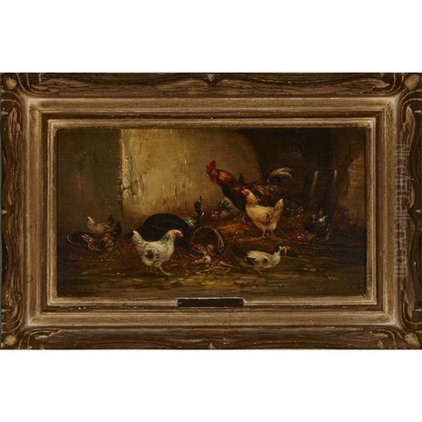 Two Interior Barn Scenes: A Turkey, Cocks, Chickens And Ducks; A Peacock With Hens And Chicks (pair) - view 1