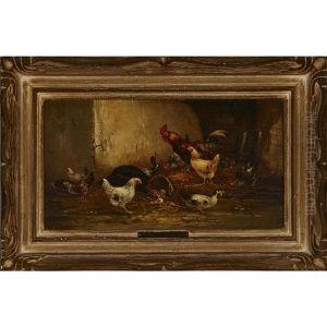 Two Interior Barn Scenes: A Turkey, Cocks, Chickens And Ducks; A Peacock With Hens And Chicks (pair) by Claude Guilleminet