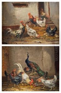 Coq, Poules Et Poussins Et Coq, Poules Et Paon (pair) by Claude Guilleminet