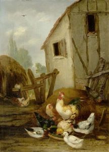 Huhner Beim Picken Vor Dem Stall by Claude Guilleminet