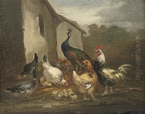 A Peacock, Hens And A Duck In A Farmyard (+ Ducks And Hens In A Farmyard; 2 Works) by Claude Guilleminet