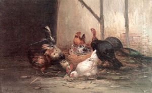 A Barnyard Scene With Turkeys, A Rooster And Hens Feeding by Claude Guilleminet