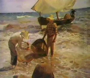 Pescadores Arreglando Las                                   Redas En La Playa De Valencia