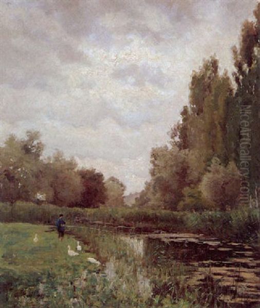 Figure With Geese Along The River - view 1