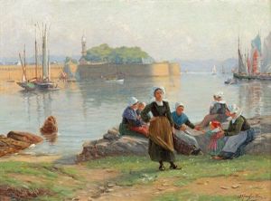 Femmes Et Petite Fille Devant Le Port De Concarneau by Alfred Guillou