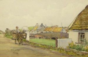 Irish Village Scene With Figure And Donkey by Mary Baker