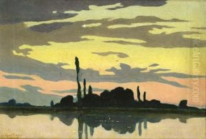 Paysage De Bords De Riviere Au Soleil Couchant by Albert Guilloux