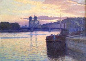 Peniche A Quai, Notre Dame De Paris Et La Seine by Charles Victor Guilloux