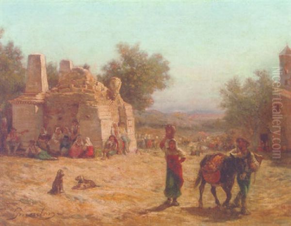 A Sunlit Italian Landscape With Peasants Resting By A Roman Ruin - view 1