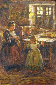 Bretonne A La Couture Et Ses Deux Enfants by Henri Guinier