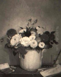 Still Life With Flowers In A Vase And Artist's Materials On A Table Still Life With Flowers In A Vase And Artist's Materials On A Table