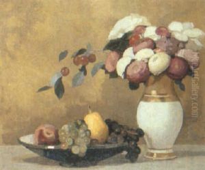 Still Life Of Vase Of Flowers And Bowl Of Fruit by Lucien Victor Guirand De Scevola